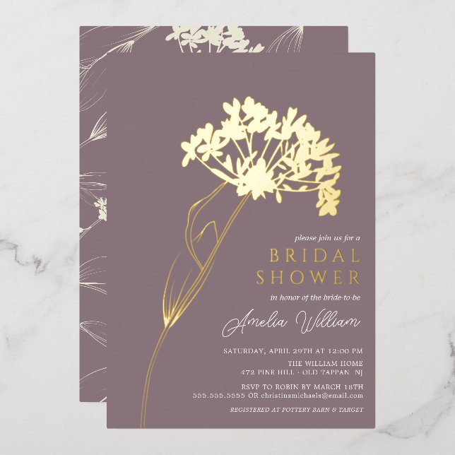 Mauve Modern Floral Bridal Shower Foil Invitation (Front/Back)