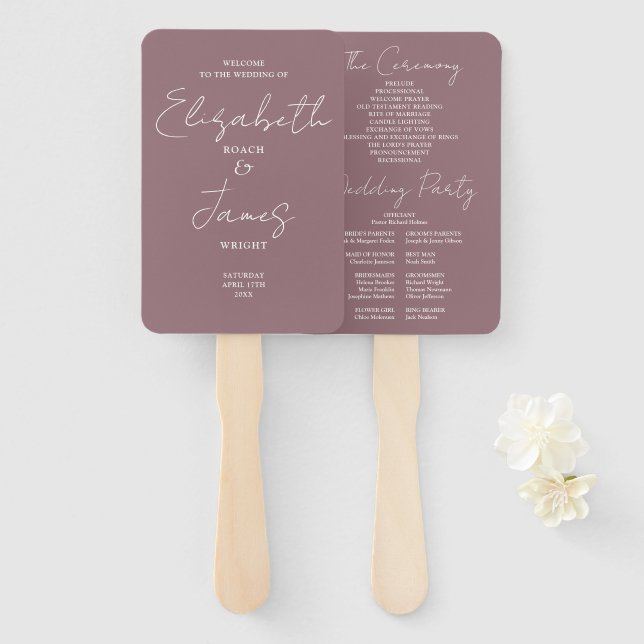 Mauve Modern Minimalist Script Wedding Program Hand Fan (Front and Back)
