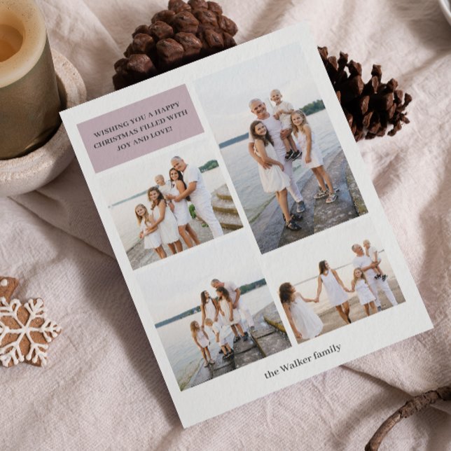 Mauve Modern Neutral 4 Photo Elegant Holiday Card (A modern four-photo Christmas card with clean design and neutral festive details.)