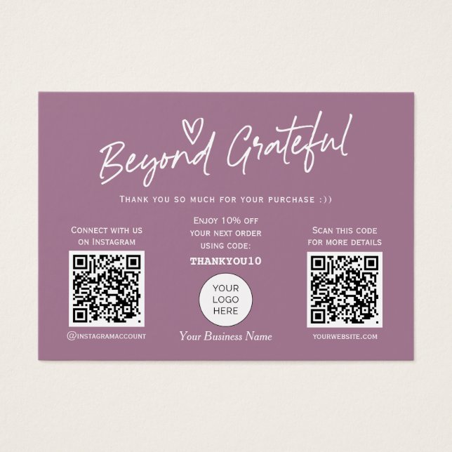Mauve Modern Script QR code thank you card (Front)