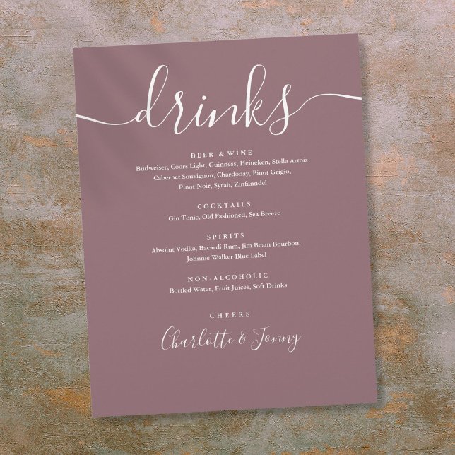Mauve Modern Script Wedding Drinks Menu (Mauve Modern Script Wedding Drinks Menu Flyer)
