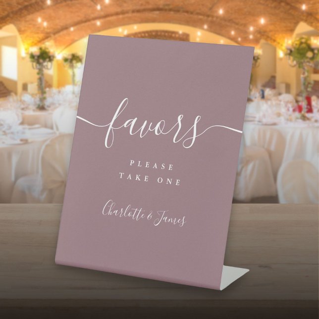 Mauve Modern Script Wedding Favours Table Pedestal Sign (Mauve Modern Script Wedding Favors Table Pedestal Sign)