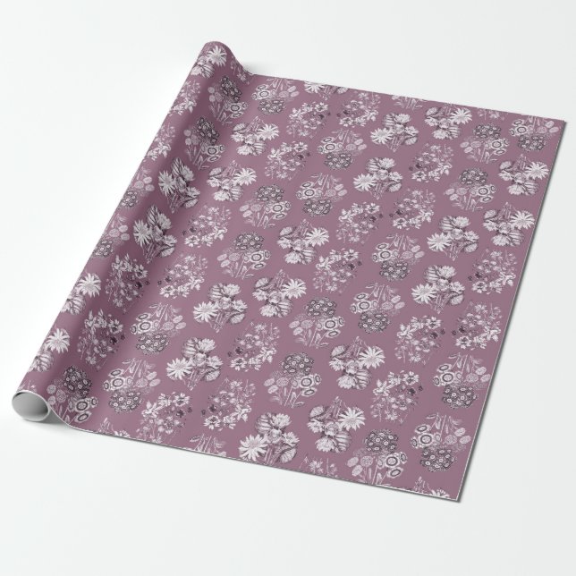 Mauve Monochrome Floral Wrapping Paper (Unrolled)