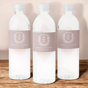 Mauve Monogram Botanical Wedding Floral Crest Water Bottle Label
