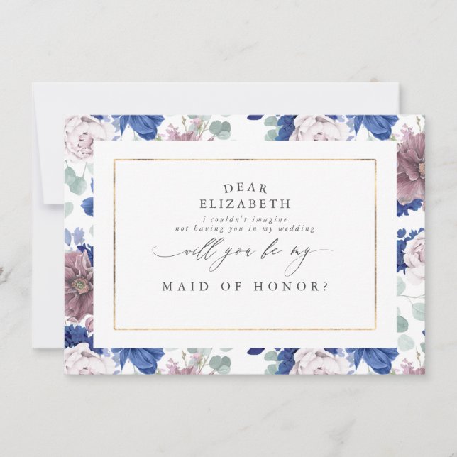 Mauve Navy Blue Floral Bridesmaid Maid of Honour Invitation (Front)