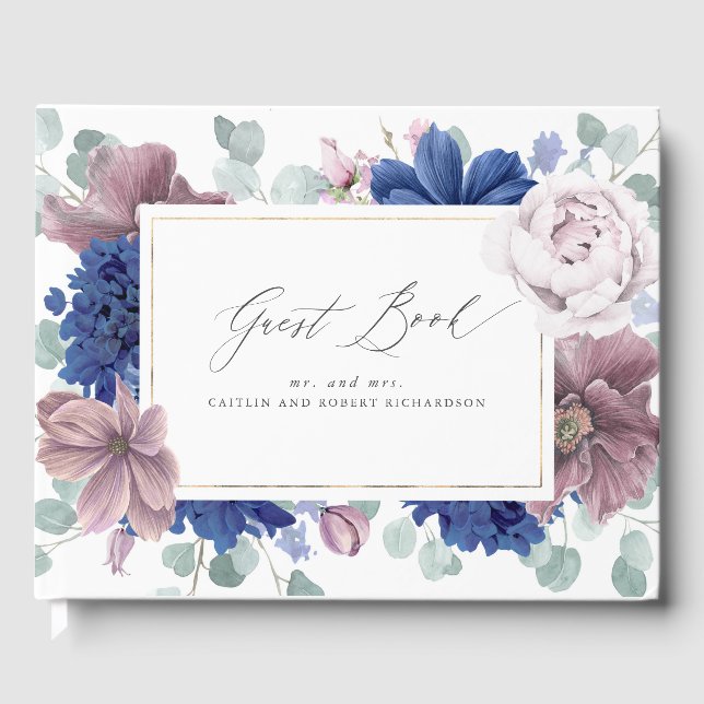 Mauve Navy Blue Floral Elegant Wedding Guest Book (Front)