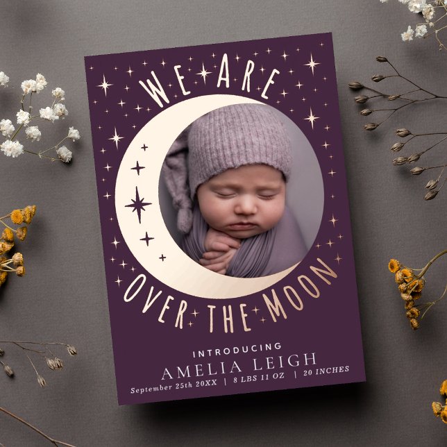 Mauve Over the Moon Photo Birth Announcement Card (Creator Uploaded)