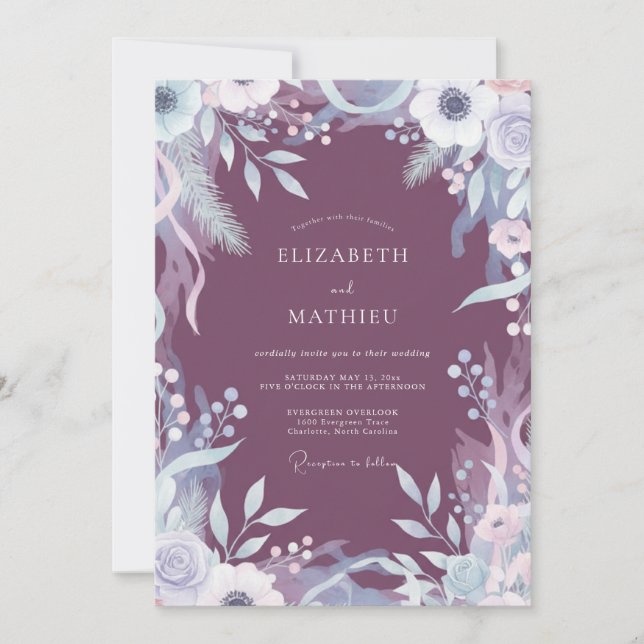 Mauve Painted Leafy Wedding Invitation (Front)