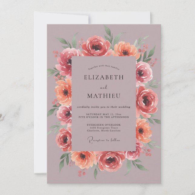 Mauve Painterly Floral Arch Wedding Invitation (Front)