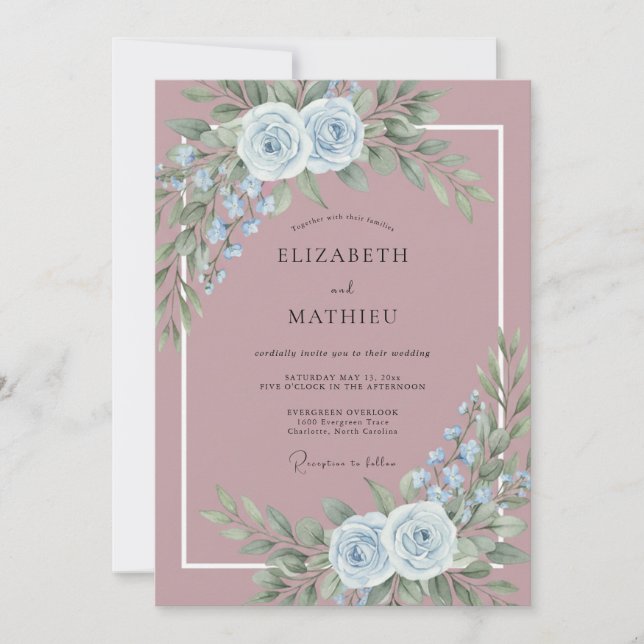 Mauve Pale Blue Rose Ethereal Wedding Invitation (Front)
