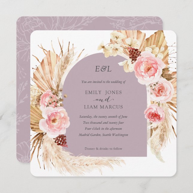 Mauve Pampas Grass Boho Floral Square Wedding  Invitation (Front/Back)
