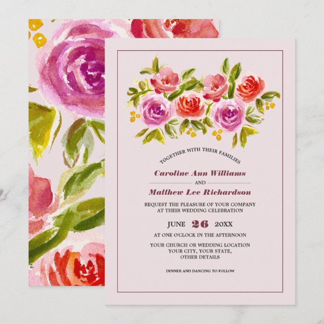 Mauve Peach Red Floral Watercolor Wedding Invitation (Front/Back)