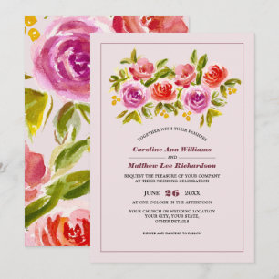 Mauve Peach Red Floral Watercolor Wedding Invitation