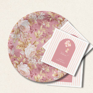 Mauve Pink And Golden Brown Floral Accents Paper Plate