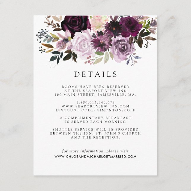 Mauve Pink and Purple Floral Guest Details Enclosure Card (Front)