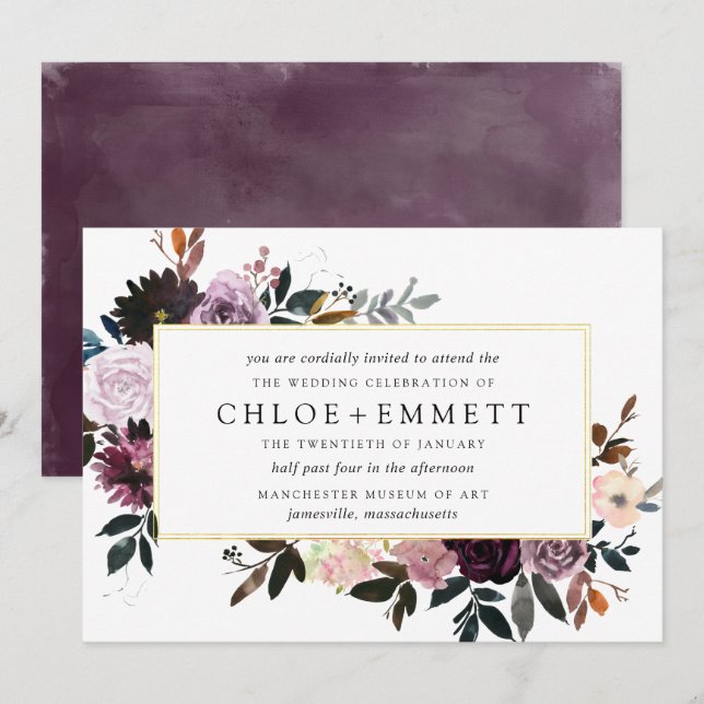 Mauve Pink and Purple Plum Floral Wedding Invitation (Front/Back)