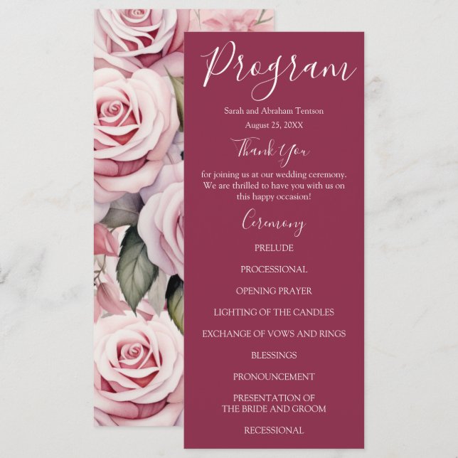 Mauve Pink and White Pink Roses Wedding Programs Menu (Front/Back)