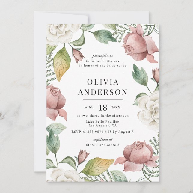 Mauve Pink and White Roses Floral Bridal Shower Invitation (Front)