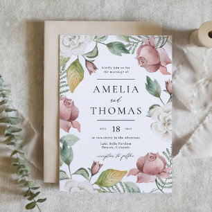 Mauve Pink and White Roses Floral Wreath Wedding Invitation