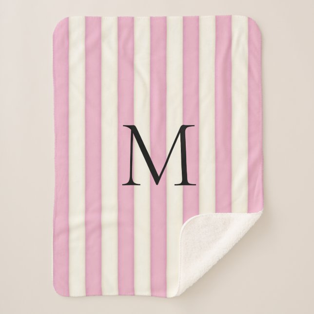 Mauve Pink & Antique White Stripes Monogrammed Sherpa Blanket (Front)