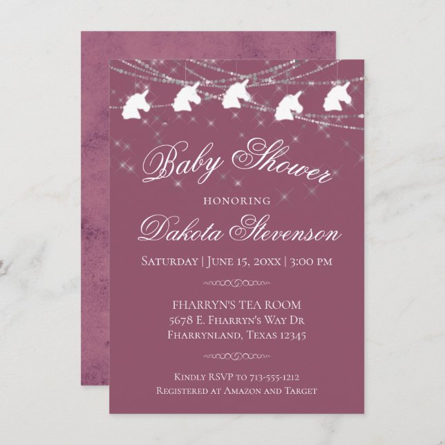 Mauve PInk Baby Shower | Unicorn String Lights Invitation (Front/Back)