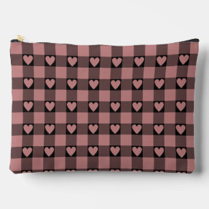 Mauve Pink Black Buffalo Heart Plaid Accessory Pouch