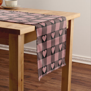 Mauve Pink Black Buffalo Heart Plaid Table Runner