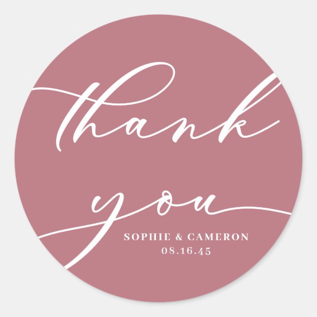 Mauve Pink Calligraphy Wedding Thank You Classic Round Sticker (Front)