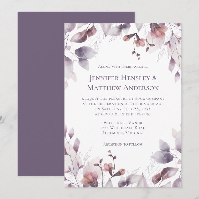 Mauve Pink Dusty Purple Floral Wedding Invitation (Front/Back)