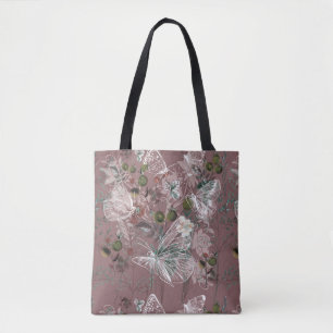 Mauve Pink Dusty Rose Butterfly Floral Tote Bag