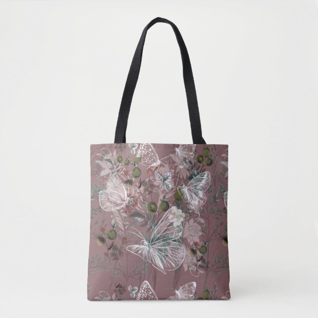 Mauve Pink Dusty Rose Butterfly Floral Tote Bag (Front)