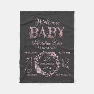 Mauve Pink Elegant Floral Baby Girl Birth Stats Fleece Blanket