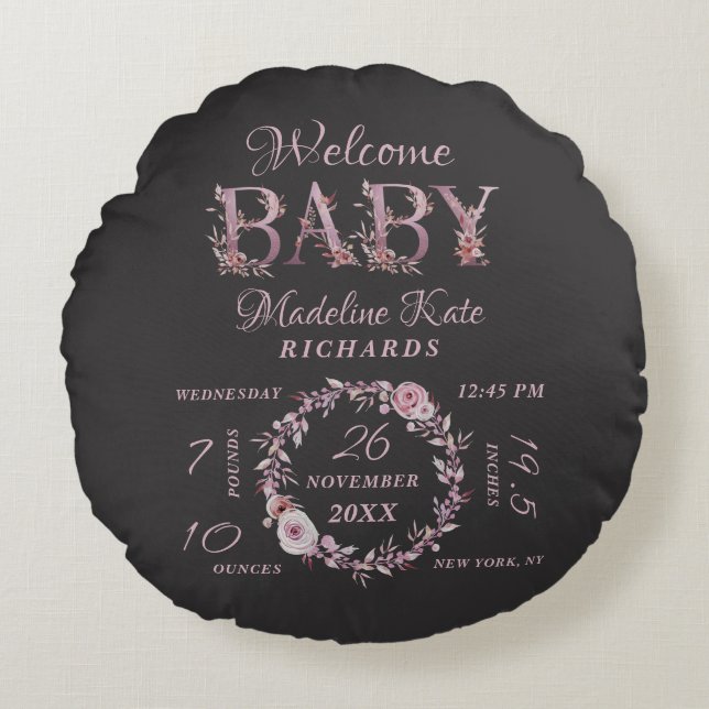 Mauve Pink Elegant Floral Baby Girl Birth Stats Round Cushion (Front)