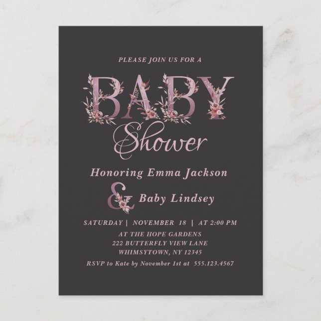 Mauve Pink Elegant Floral Chic Girl's Baby Shower Invitation Postcard (Front)