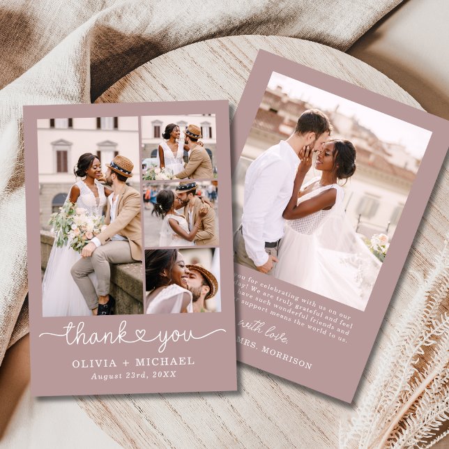 Mauve Pink Five Photo Collage Script Wedding Thank You Card (Creator Uploaded)