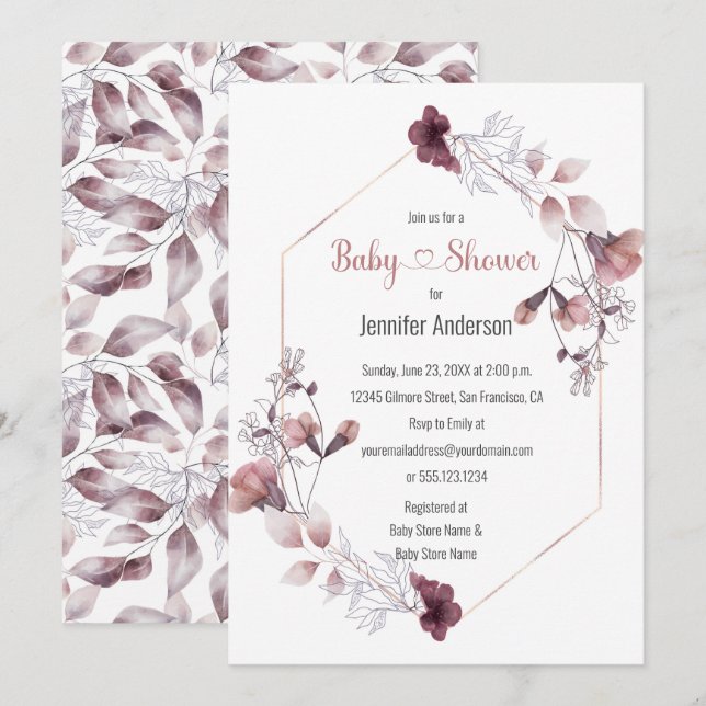 Mauve Pink Floral Botanical Baby Shower Invitation (Front/Back)