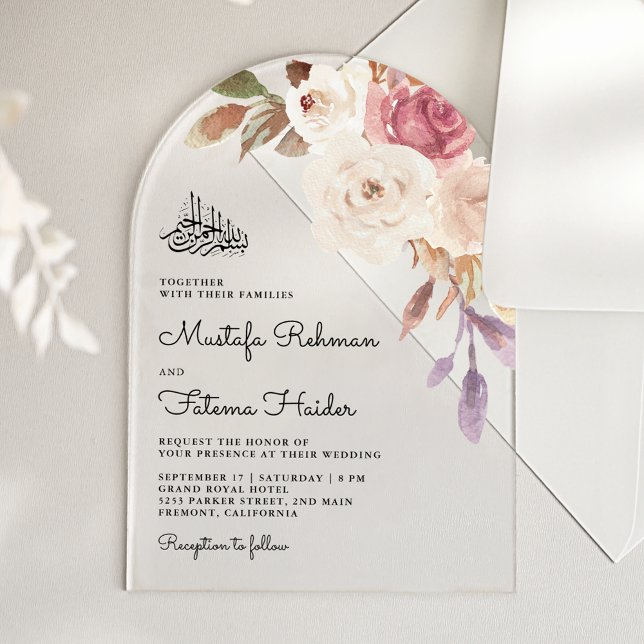 Mauve Pink Floral Bouquet Islamic Muslim Wedding Acrylic Invitations (Creator Uploaded)