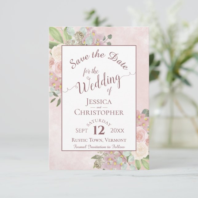 Mauve Pink Floral Elegant Calligraphy Wedding Save The Date (Standing Front)