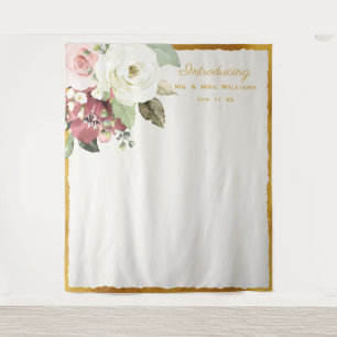 Mauve Pink Floral Gold Edge Wedding Photo Backdrop Tapestry