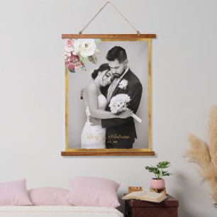 Mauve Pink Floral Gold Edge Wedding Photo Wood Hanging Tapestry