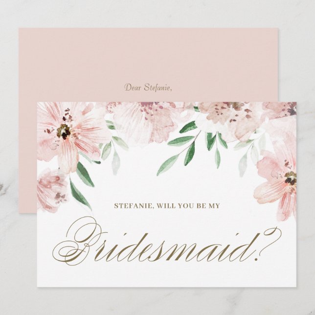 Mauve Pink Floral WIll You Be My Bridesmaid Card (Front/Back)