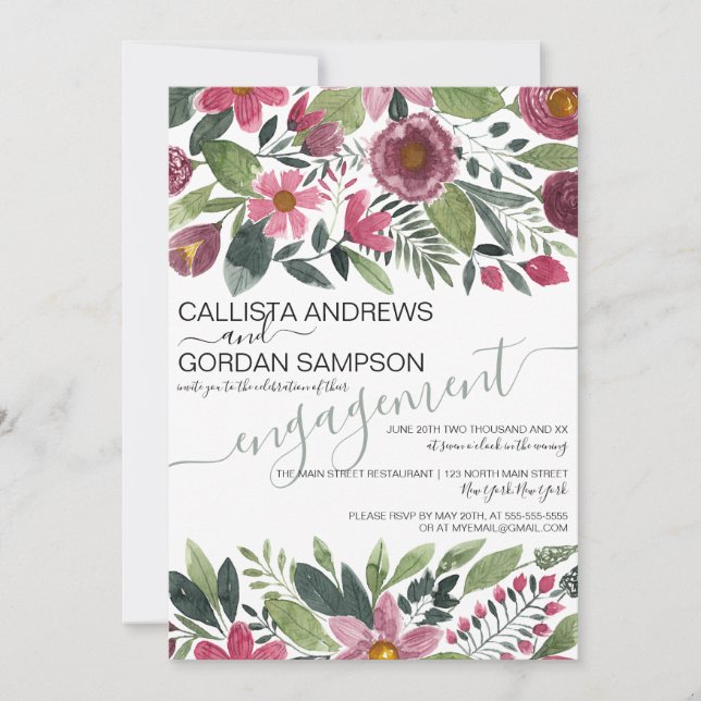 Mauve Pink Forest Watercolor Floral Engagement Invitation (Front)