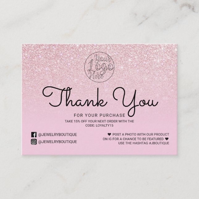 Mauve Pink Glitter Ombre Customer Thank You Business Card (Front)