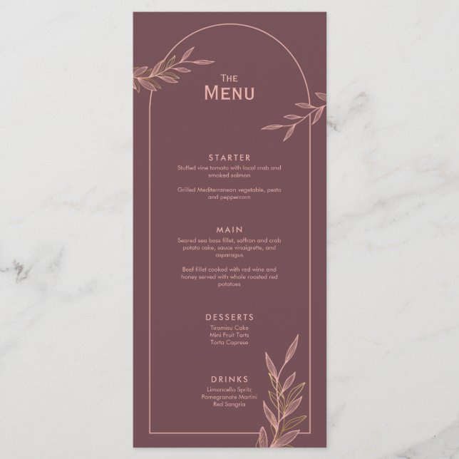 Mauve Pink Gold Leaf Wedding Event Menu Flat Card (Front)
