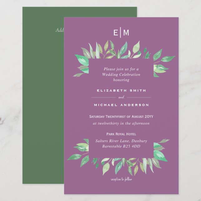 Mauve Pink Green Floral Budget Wedding Invite A9 (Front/Back)
