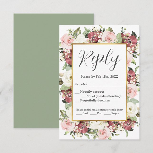 Mauve Pink Green Florals Gold Frame RSVP (Front/Back)