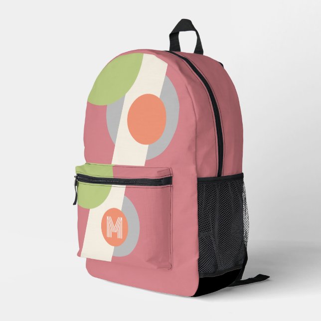 Mauve Pink Lime Green Peach Orange Retro Shapes Printed Backpack (Back Corner Right)