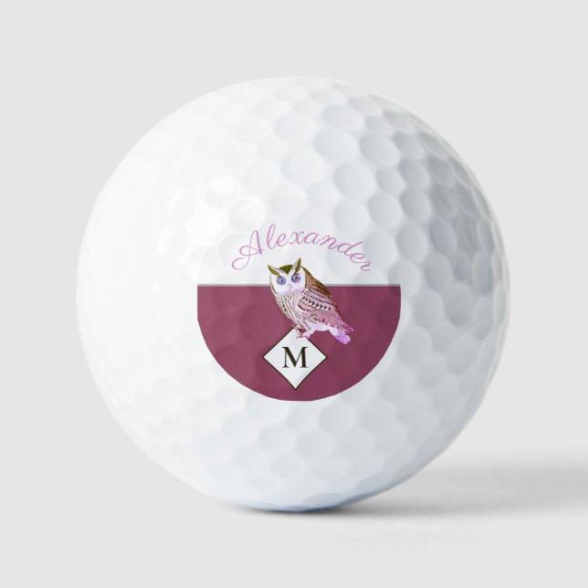Mauve Pink Owl Monogram Name Golf Head Cover Golf Balls (Front)