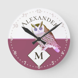 Mauve Pink Owl Monogram Name  Round Clock