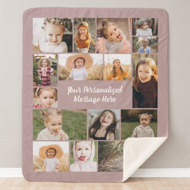 Mauve Pink Personalized 16 Photo Collage Custom  Sherpa Blanket (Creator Uploaded)